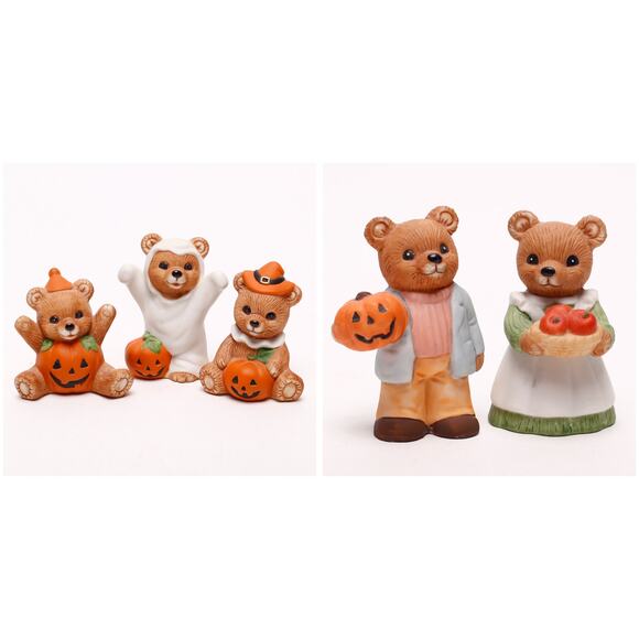 Set of 5 Homco Halloween Family Ceramic Bear Figurines Ghost Pumpkin 5209 5311 - Picture 1 of 11
